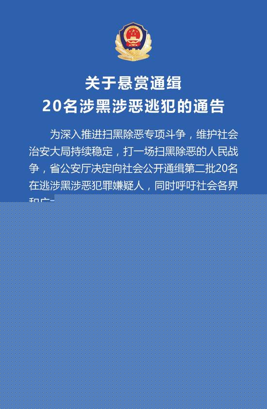 湖北第2批悬赏通缉涉黑涉恶逃犯曝光 共计20名